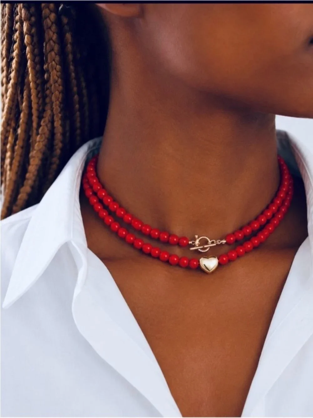 New! Y2K Red Beaded Heart Charm Wrap Necklace NWOT 3002
